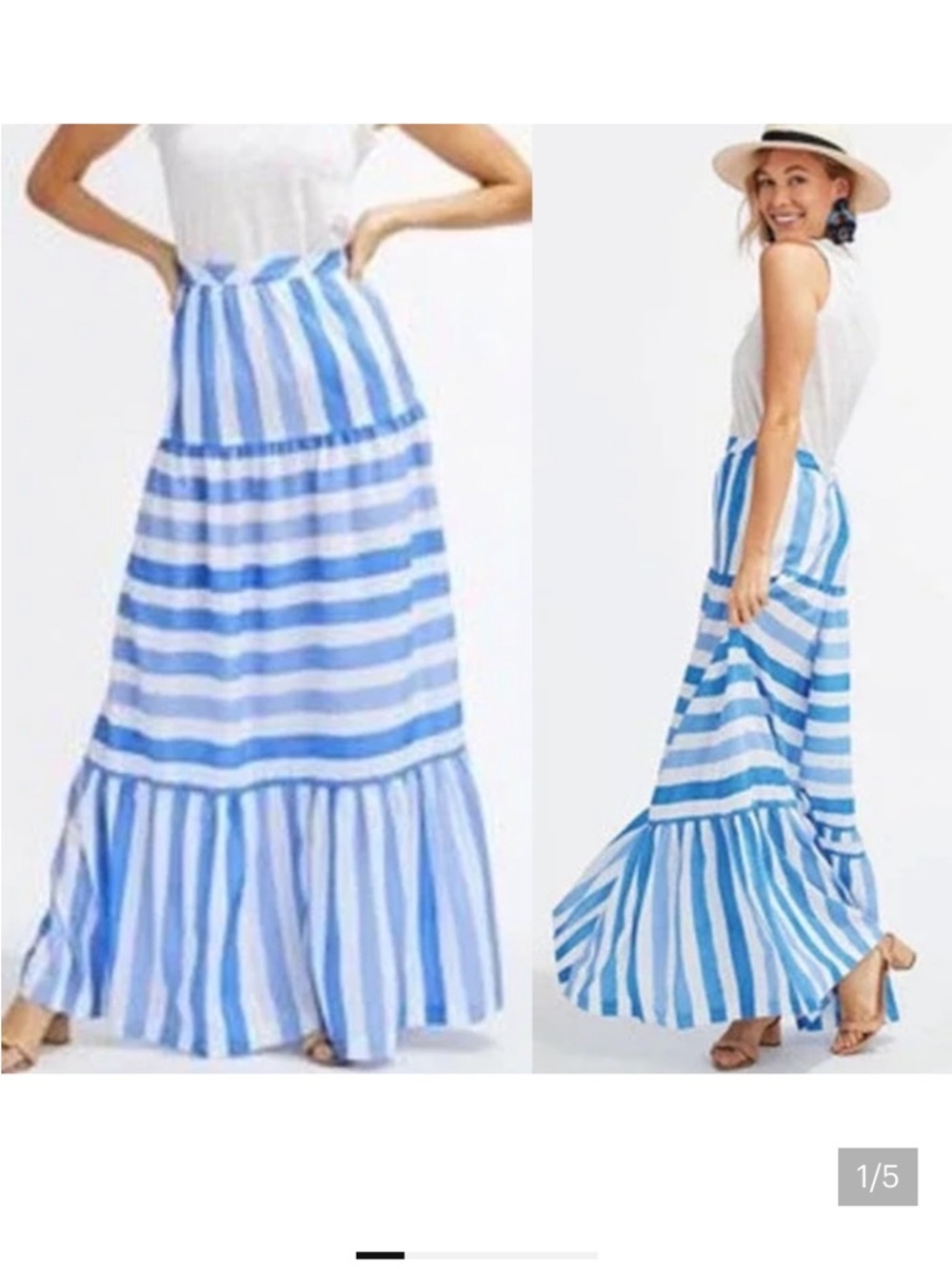 Striped Blue & White Tiered Maxi Skirt - Women's